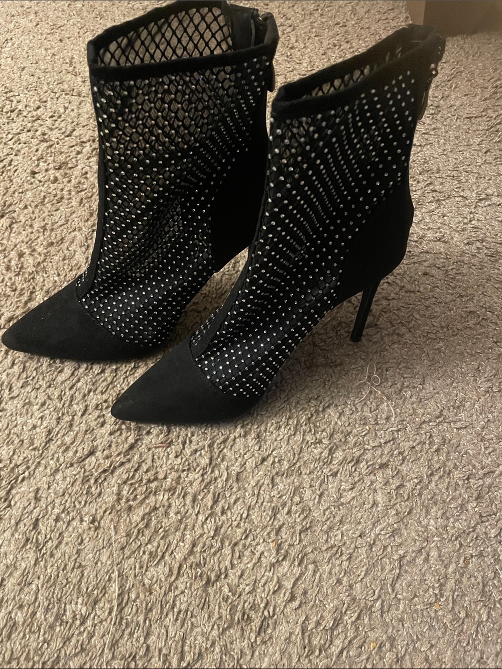 Rouge! Black Mesh Rhinestone Pointed-Toe Stiletto Booties